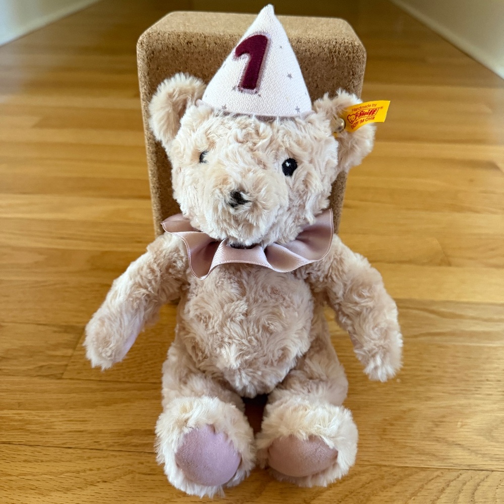 Steiff First Birthday Girl Teddy Bear with Musical Box Plays Happy Birthday